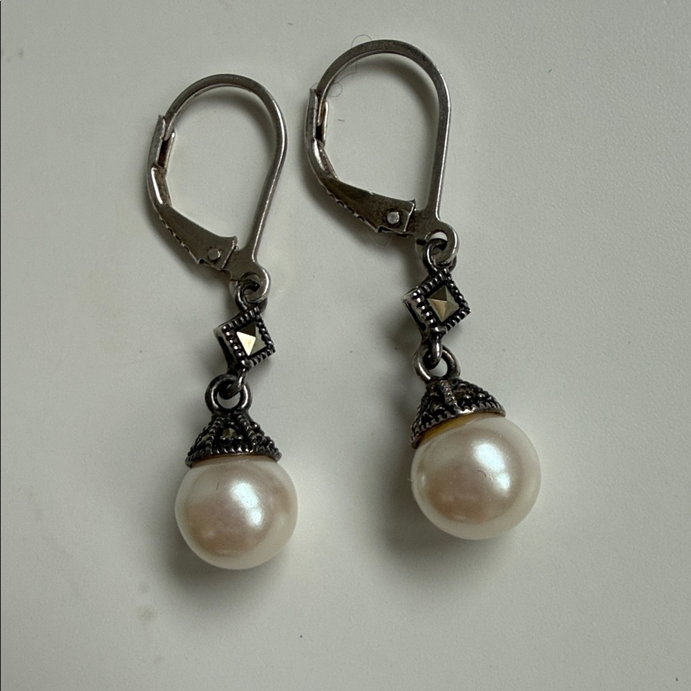 Vintage Judith Jack Cultured Pearl Drop Marcasite Earrings